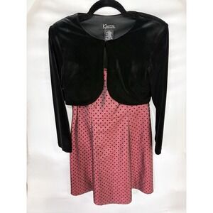 Maroon Polka Dot Mini Swing Dress Size 4P W/ Velvet Cropped Cardigan Holiday Set